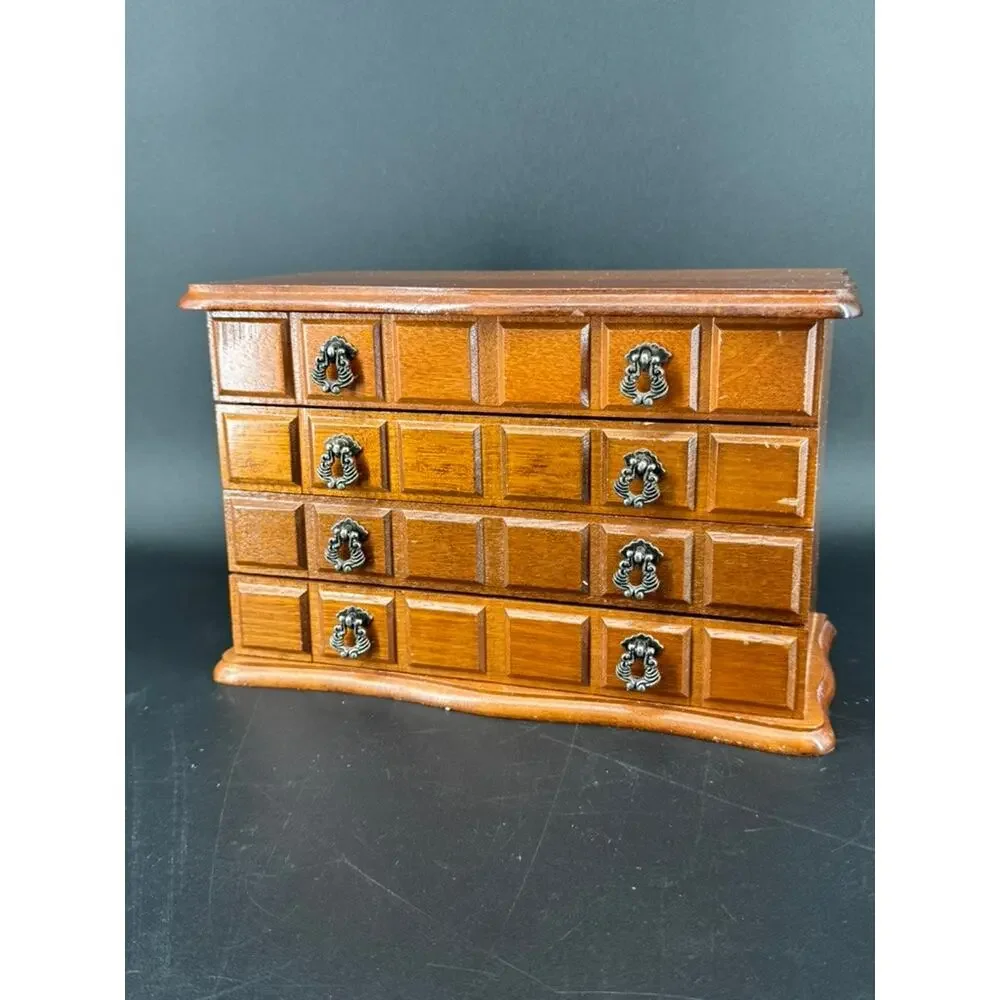 Vintage 1970s Centurion Wooden Musical Jewelry Box 3 Drawer Mirror Organizer